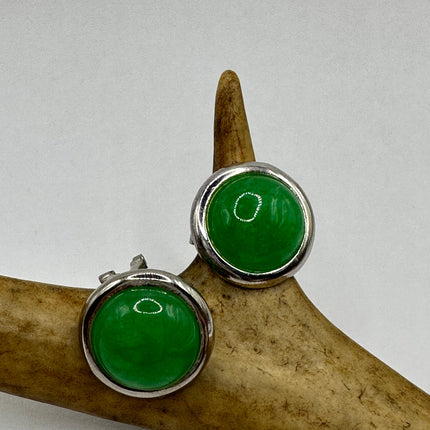 Vintage Gemstone Earrings | Green Jade Crystal Birthstone | 925 Sterling Round Silver Button Earrings
