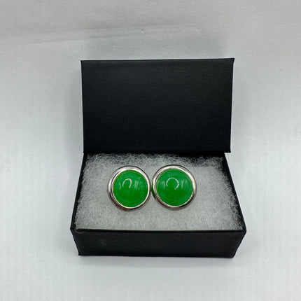 Vintage Gemstone Earrings | Green Jade Crystal Birthstone | 925 Sterling Round Silver Button Earrings