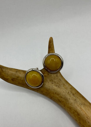 Vintage Gemstone Earrings | Yellow Jade Crystal Birthstone | 925 Sterling Round Silver Button Earrings