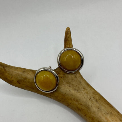 Vintage Gemstone Earrings | Yellow Jade Crystal Birthstone | 925 Sterling Round Silver Button Earrings