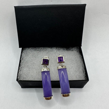 Vintage Lavender Purple Jade Drop Dangle Earrings - 925 Sterling Silver