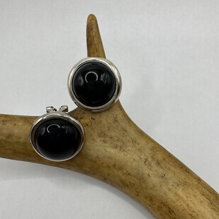 Vintage Silver Earrings | Round Black Onyx Gemstone Crystal Birthstone | 925 Sterling Silver Stud Button Earrings