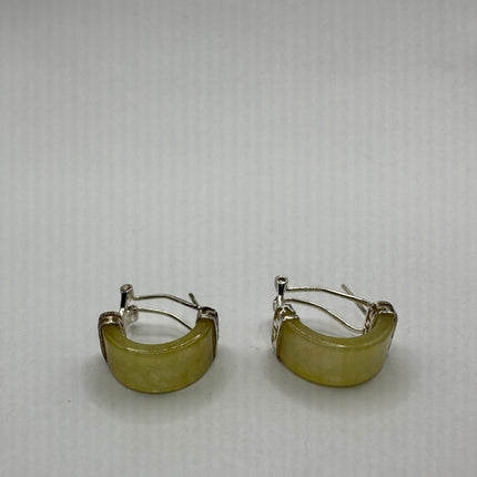 Vintage Yellow Jade 925 Sterling Silver Hoop Earrings