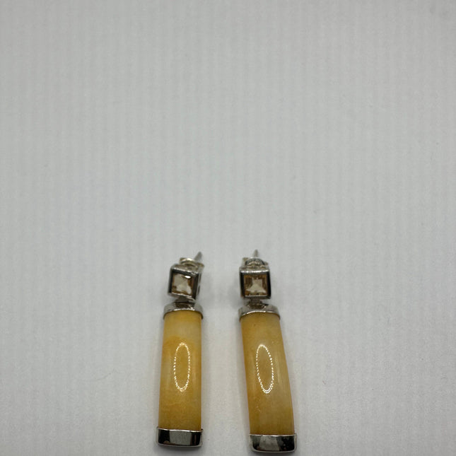 Vintage Yellow Jade 925 Sterling Silver Button Earrings