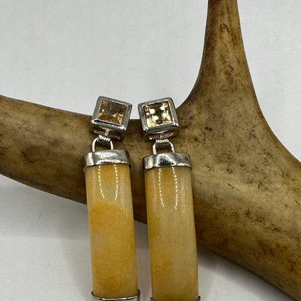 Vintage Yellow Jade 925 Sterling Silver Button Earrings