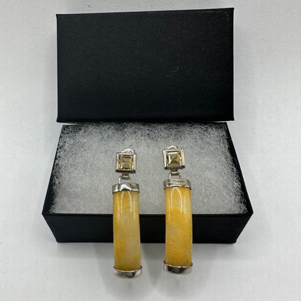 Vintage Yellow Jade 925 Sterling Silver Button Earrings