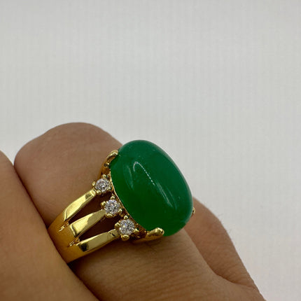 Vintage Gold Jade Ring | Green Gemstone Jade Crystal Birthstone Lucky Cocktail Ring | Golden Bronze Gold Ring