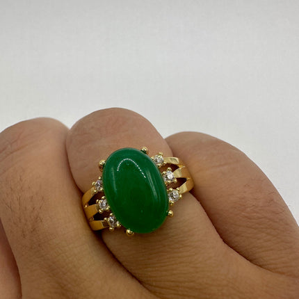 Vintage Gold Jade Ring | Green Gemstone Jade Crystal Birthstone Lucky Cocktail Ring | Golden Bronze Gold Ring
