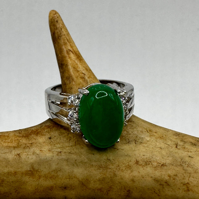 Vintage Silver Jade Ring | Emerald Green Fun Jade Clear Crystal Lucky Cocktail | Silver Finished Bronze Band