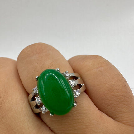 Vintage Silver Jade Ring | Emerald Green Fun Jade Clear Crystal Lucky Cocktail | Silver Finished Bronze Band