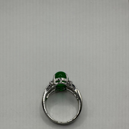 Vintage Silver Jade Ring | Emerald Green Fun Jade Clear Crystal Lucky Cocktail | Silver Finished Bronze Band