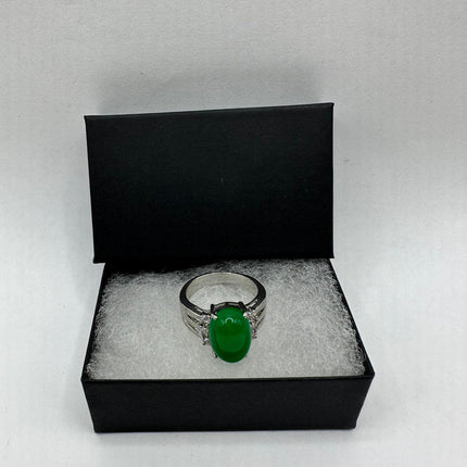 Vintage Silver Jade Ring | Emerald Green Fun Jade Clear Crystal Lucky Cocktail | Silver Finished Bronze Band