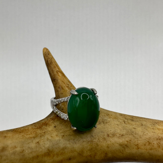 Vintage Silver Jade Ring | Emerald Green Lucky Fun Jade Large Stone Clear Crystal Diamonds | Silver Bronze Band Cocktail Ring