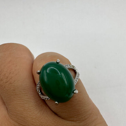 Vintage Silver Jade Ring | Emerald Green Lucky Fun Jade Large Stone Clear Crystal Diamonds | Silver Bronze Band Cocktail Ring