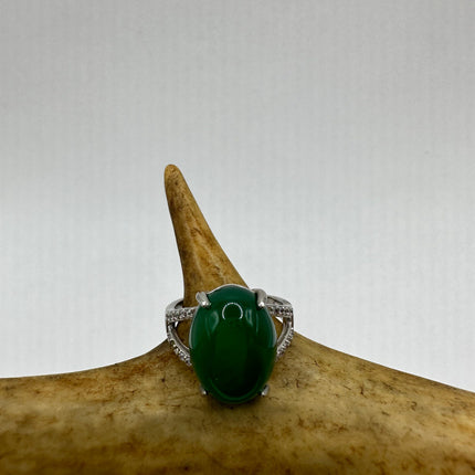 Vintage Silver Jade Ring | Emerald Green Lucky Fun Jade Large Stone Clear Crystal Diamonds | Silver Bronze Band Cocktail Ring