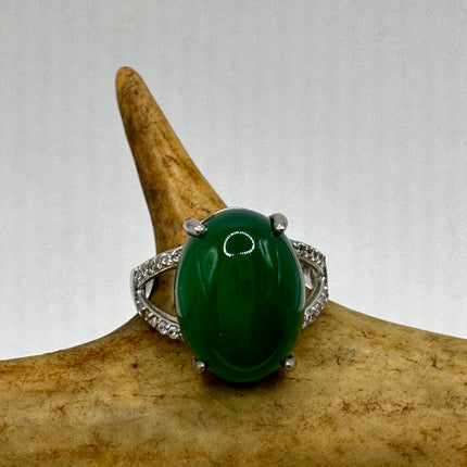 Vintage Silver Jade Ring | Emerald Green Lucky Fun Jade Large Stone Clear Crystal Diamonds | Silver Bronze Band Cocktail Ring