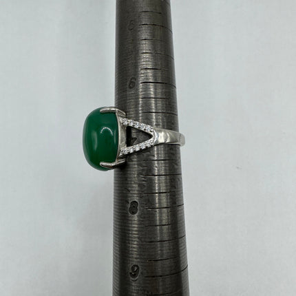 Vintage Silver Jade Ring | Emerald Green Lucky Fun Jade Large Stone Clear Crystal Diamonds | Silver Bronze Band Cocktail Ring