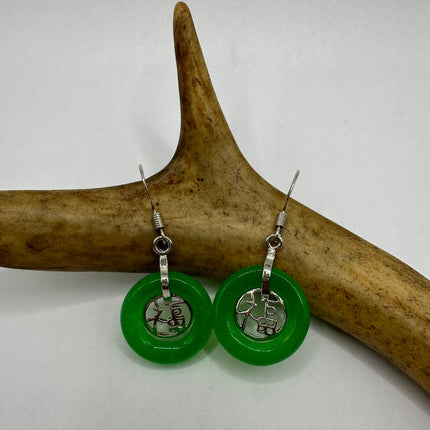 Vintage Silver Green Jade Dangle Lucky Earrings
