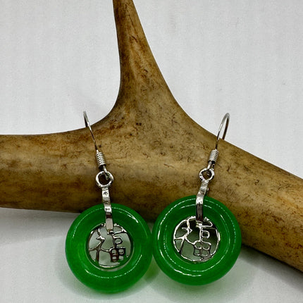 Vintage Silver Green Jade Dangle Lucky Earrings