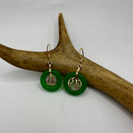 Vintage Gold Jade Earrings | Lucky Emerald Green Fun Jade Hoop Loop Dangle Drop | Golden Bronze Calligraphy Setting Earrings