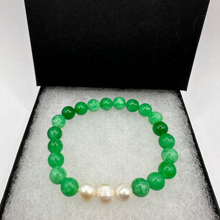 Vintage Green and White Aventurine Jade Lucky Stretch Beaded Bracelet