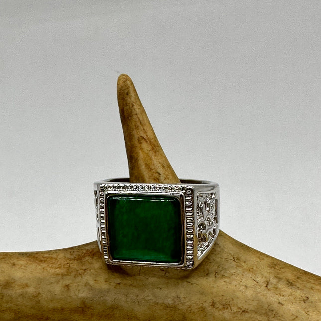 Vintage Silver Jade Ring | Large Emerald Green Fun Jade Lucky Gemstone | Bronze Setting Silver Band Unique Wedding Cocktail Statement Ring