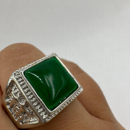 Vintage Silver Jade Ring | Large Emerald Green Fun Jade Lucky Gemstone | Bronze Setting Silver Band Unique Wedding Cocktail Statement Ring