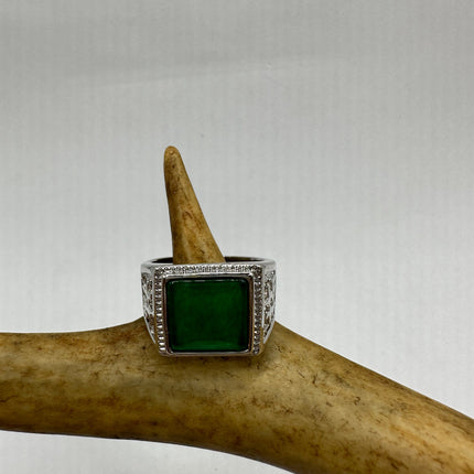 Vintage Silver Jade Ring | Large Emerald Green Fun Jade Lucky Gemstone | Bronze Setting Silver Band Unique Wedding Cocktail Statement Ring