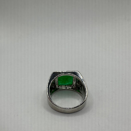 Vintage Silver Jade Ring | Large Emerald Green Fun Jade Lucky Gemstone | Bronze Setting Silver Band Unique Wedding Cocktail Statement Ring
