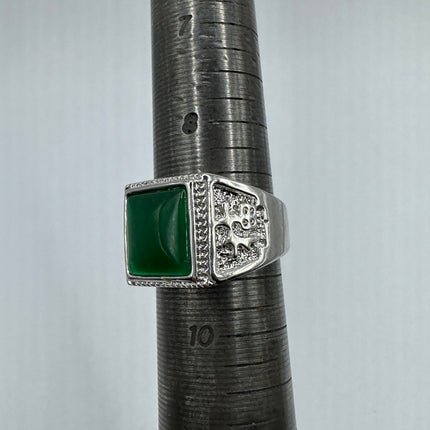 Vintage Silver Jade Ring | Large Emerald Green Fun Jade Lucky Gemstone | Bronze Setting Silver Band Unique Wedding Cocktail Statement Ring