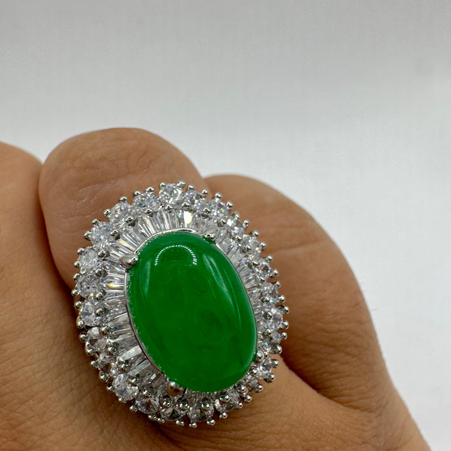 Vintage Silver Green Jade Lucky Cocktail Ring