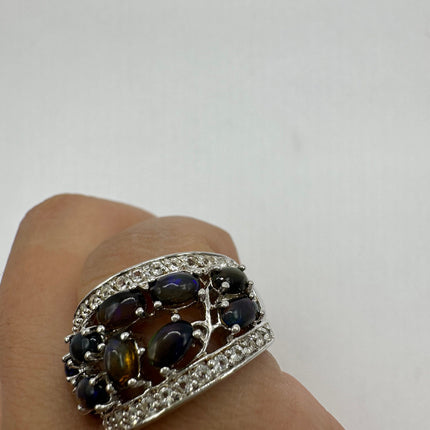 Vintage Black Fire Opal and White Sapphire Band Cocktail Ring