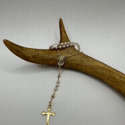 Vintage Gold Rosary Cross | White Freshwater Pearl 9k GF Prayer Necklace