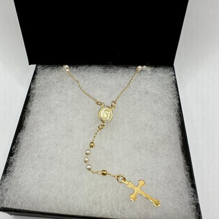 Vintage Gold Rosary Cross | White Freshwater Pearl 9k GF Prayer Necklace