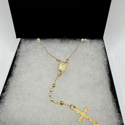 Vintage Gold Rosary Cross | White Freshwater Pearl 9k GF Prayer Necklace