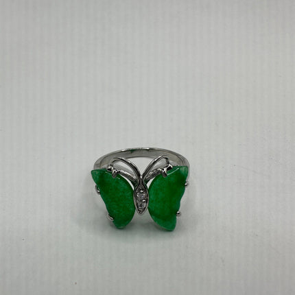 Vintage Silver Ring | Emerald Green Jade Gemstone Butterfly Lucky Cocktail Ring | Silver Bronze Setting Size 7 and 8 | Unique Style Ring
