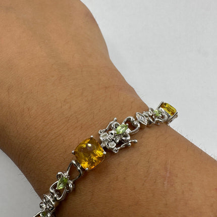 Vintage Silver Tennis Bracelet | Peridot, Citrine and Cubic Zirconia Multi Gemstone | 925 Sterling Silver Unique Colorful Tennis Bracelet