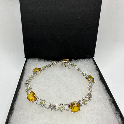 Vintage Silver Tennis Bracelet | Peridot, Citrine and Cubic Zirconia Multi Gemstone | 925 Sterling Silver Unique Colorful Tennis Bracelet