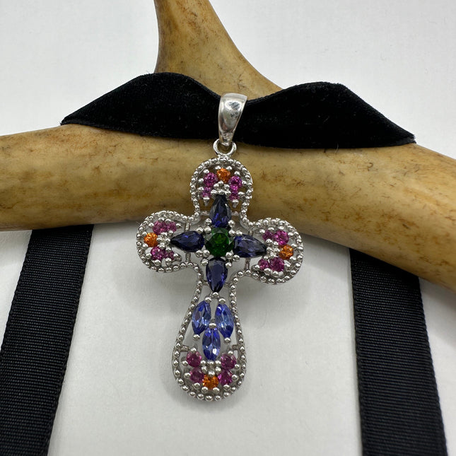Vintage Watermelon Tourmaline Blue Sapphire Crystal Cross Pendant Ribbon Choker Necklace | 925 Sterling Silver Necklace