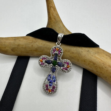 Vintage Watermelon Tourmaline Blue Sapphire Crystal Cross Pendant Ribbon Choker Necklace | 925 Sterling Silver Necklace