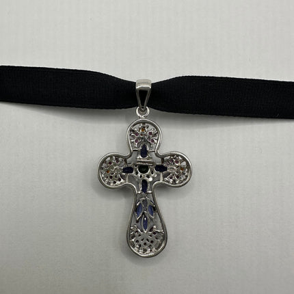 Vintage Watermelon Tourmaline Blue Sapphire Crystal Cross Pendant Ribbon Choker Necklace | 925 Sterling Silver Necklace