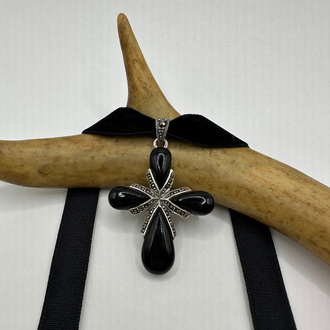 Vintage Black Onyx and Marcasite Cross Pendant Ribbon Choker Necklace | 925 Sterling Silver Necklace