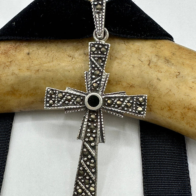 Vintage Black Onyx and Marcasite Cross Pendant Ribbon Choker Necklace | 925 Sterling Silver Necklace