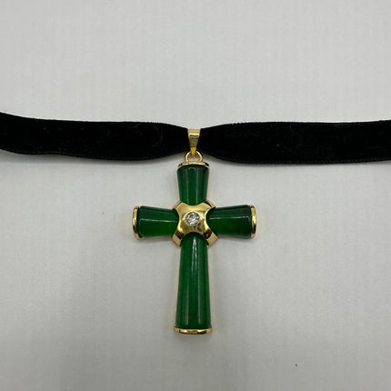 Vintage Green Jade Cross Choker Necklace - Golden Bronze