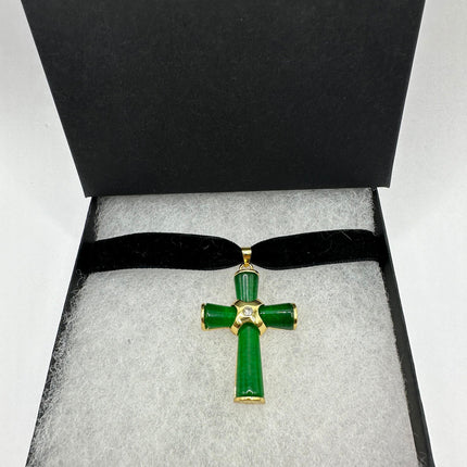 Vintage Green Jade Cross Choker Necklace - Golden Bronze