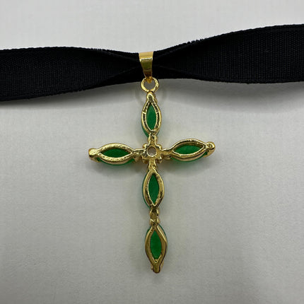 Vintage Green Jade Cross Choker Necklace - Golden Bronze