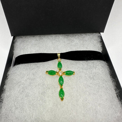 Vintage Green Jade Cross Choker Necklace - Golden Bronze