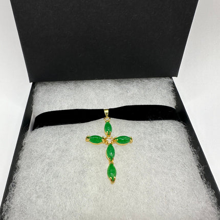 Vintage Green Jade Cross Choker Necklace - Golden Bronze