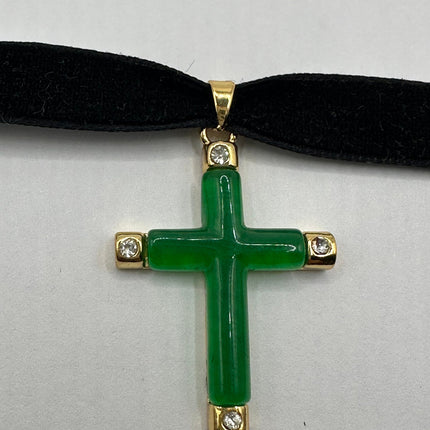 Vintage Green Jade Cross Choker Necklace - Golden Bronze