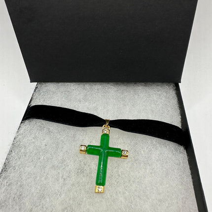 Vintage Green Jade Cross Choker Necklace - Golden Bronze